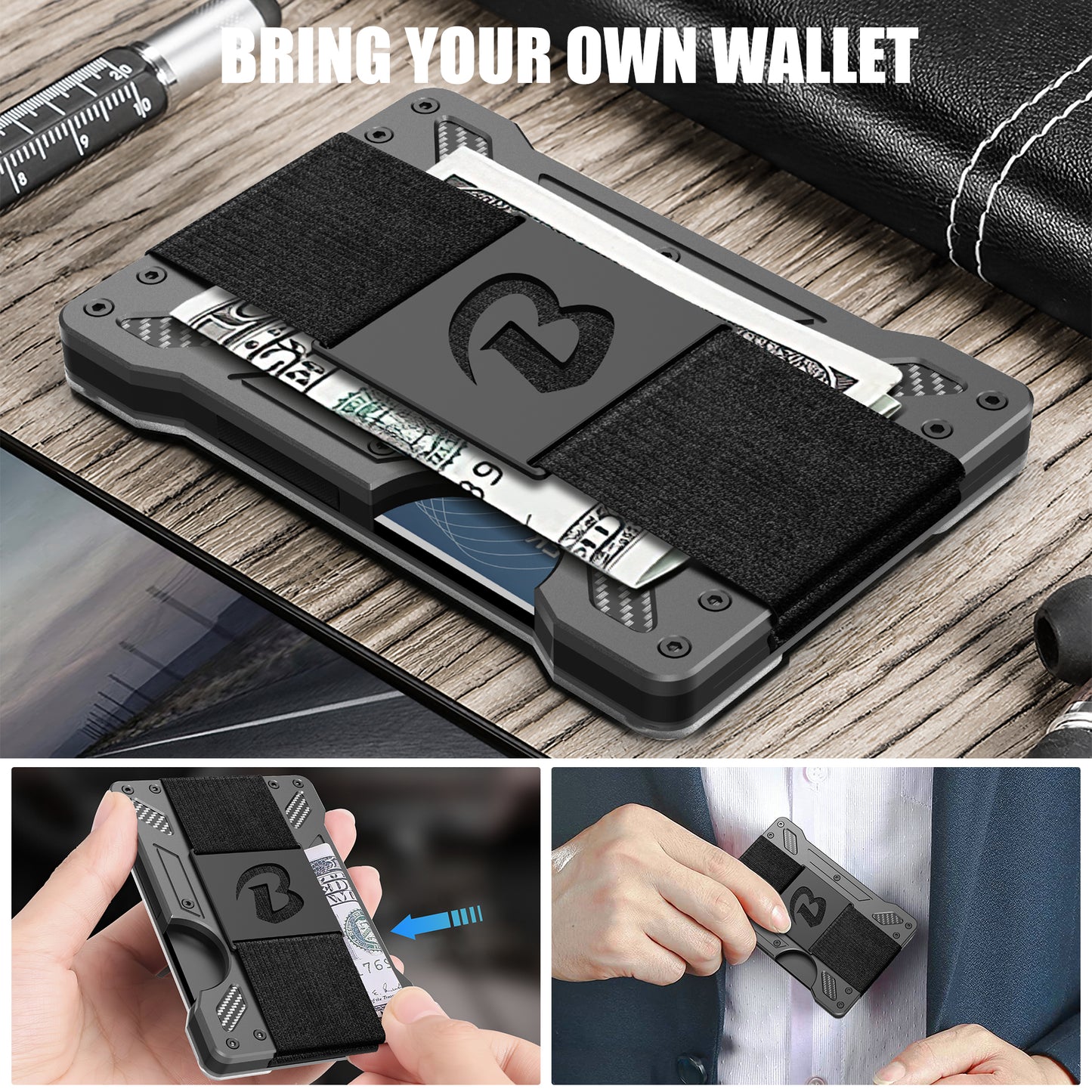 Wallet For Men - Slim Aluminum Metal Mens Wallets with 1 Clear window ID Badge Holder, RFID Blocking, Holds up 15 Cards with Cash Strap. Ultra-Thin Credit Card Holder Minimalist Wallet