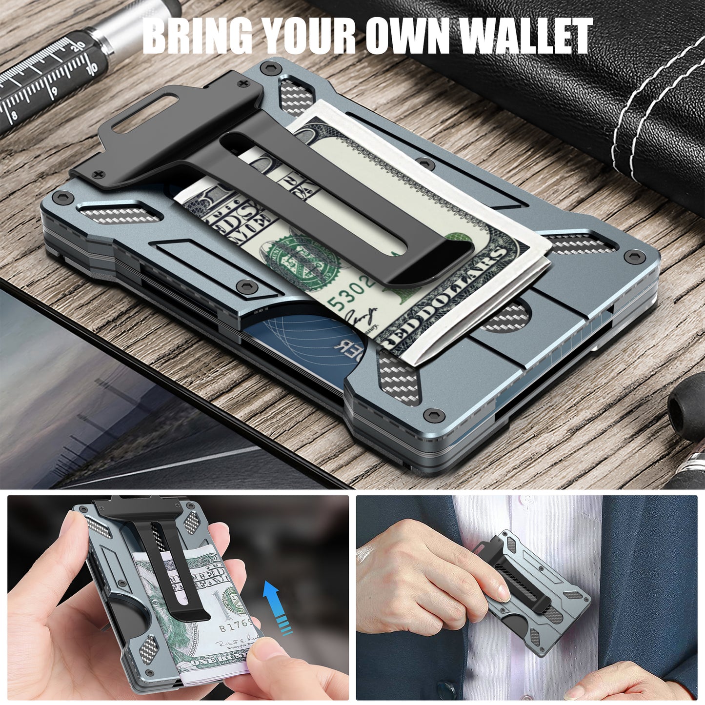Wallet For Men - Slim Aluminum Metal Money Clip with 1 Clear window ID Badge Holder, RFID Blocking, Holds up 15 Cards with Cash Clip. Ultra-Thin Minimalist Wallet, dark grey
