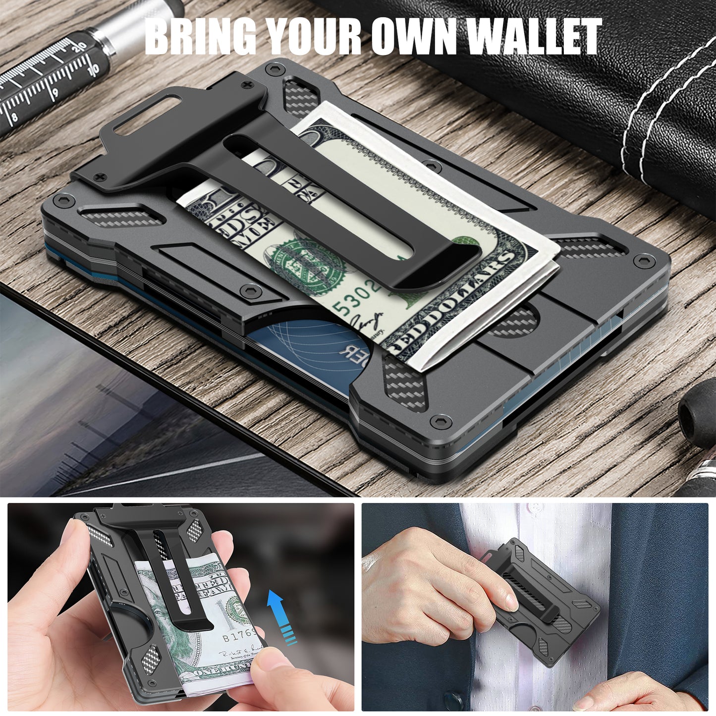 Wallet For Men - Slim Aluminum Metal Money Clip with 1 Clear window ID Badge Holder, RFID Blocking, Holds up 15 Cards with Cash Clip. Ultra-Thin Minimalist Wallet,dark Black