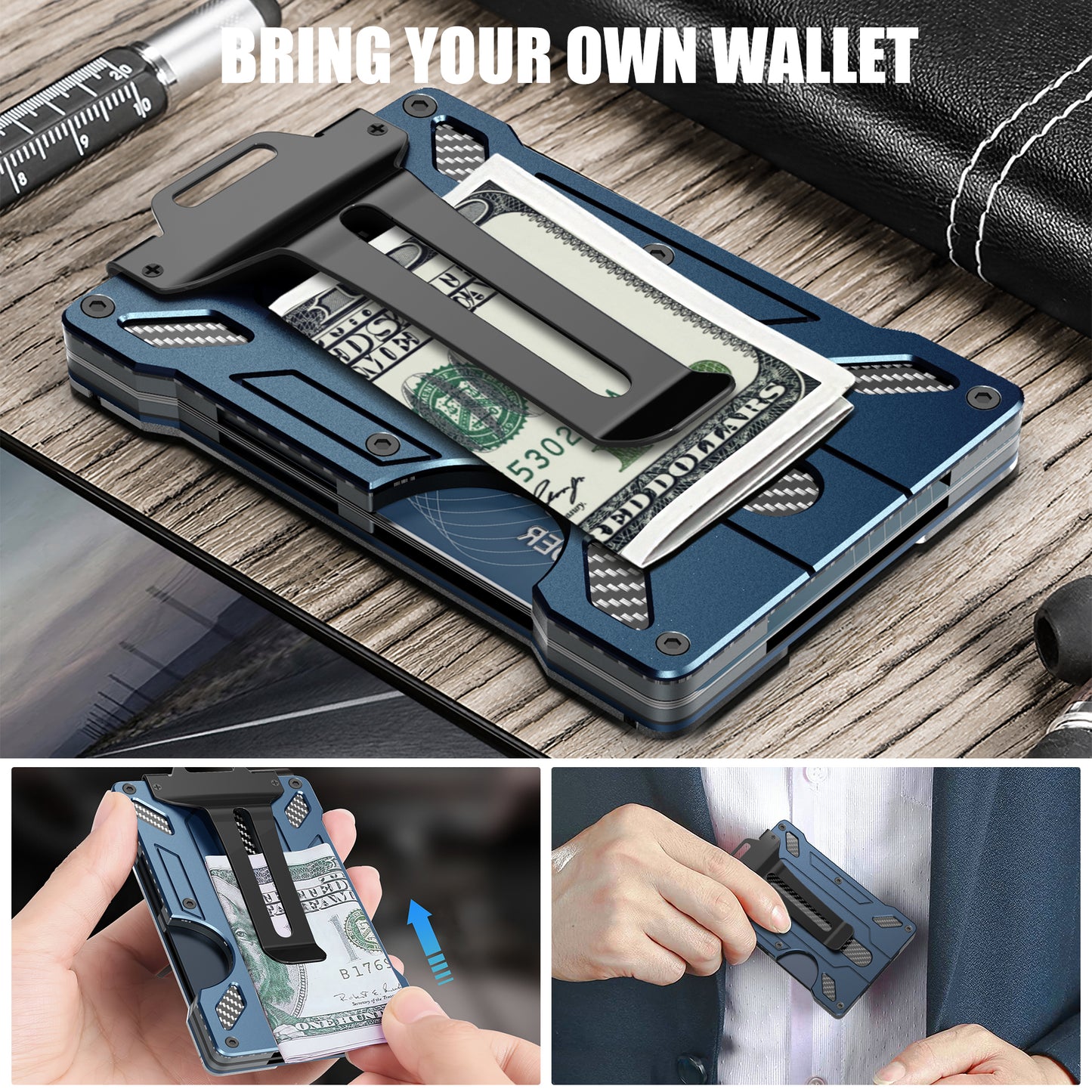 Wallet For Men - Slim Aluminum Metal Money Clip with 1 Clear window ID Badge Holder, RFID Blocking, Holds up 15 Cards with Cash Clip. Ultra-Thin Minimalist Wallet, blue